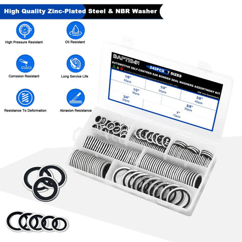 245 Pieces SAE Bonded Sealing Washers Set 7 Sizes NBR Rubber Gaskets Zinc Plated Steel Self Centered Crush Washers kit