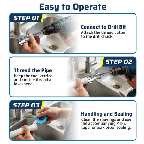 Three-step guide using Dual Function PVC Pipe Threading Tool For Internal And External Threads, Electric Drill Compatible.