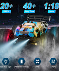 All Terrain 2.4GHz RC Monster Truck with LED body lights and dual rechargeable batteries in action on a rocky track.