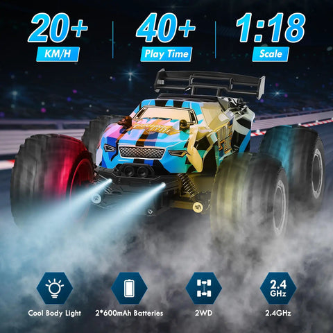 All Terrain 2.4GHz RC Monster Truck with LED body lights and dual rechargeable batteries in action on a rocky track.