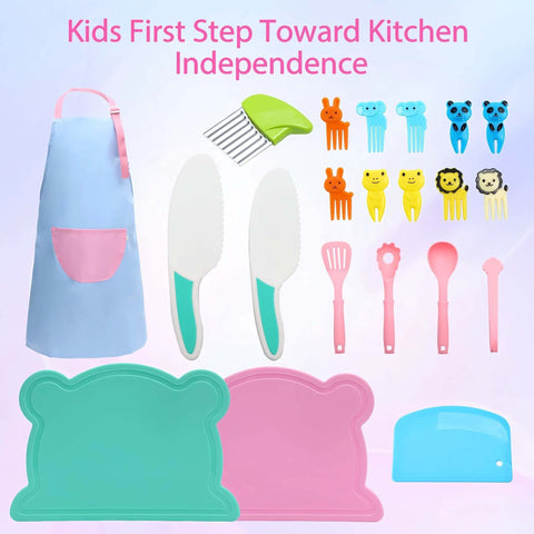 Front view of kids' kitchen set: blue apron with pink pocket, teal-handled knives, utensils, animal clips, and mats.