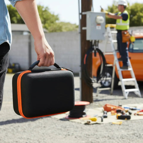 Person holding Built Tough Waterproof Multimeter Storage Case For MM325 MM420 MM69149P And More with orange zipper