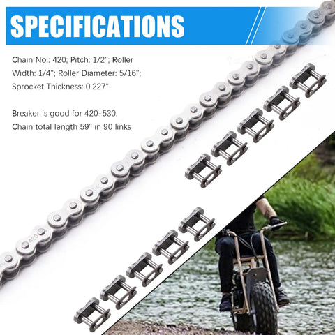 420 Rear Drive Chain 90 Link With Chain Breaker Tool For Mini Bikes CT200U BT200X CT200U-EX Trail 200 Baja Warrior MB165 MB200 Massimo 196cc 6.5HP Powersports Parts shown with specifications