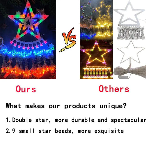 Stunning 12.6 Foot 350 LED Waterfall Christmas Lights with star tops and multicolor glow vs. competitor's lights.