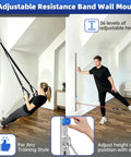 Built Tough Adjustable Resistance Band Wall Anchor Mount System with user demonstrating height adjustment and resistance bands.