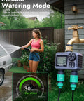 Woman using a hose with Two Zone Hose Timer With Dual Outlet Sprinkler Control Brass Inlet Rain Delay Manual And Auto Modes.