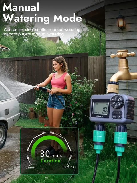 Woman using a hose with Two Zone Hose Timer With Dual Outlet Sprinkler Control Brass Inlet Rain Delay Manual And Auto Modes.