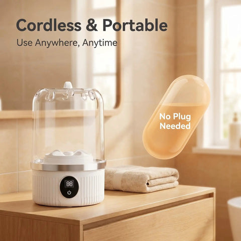 Pocket Sized Rechargeable Mini Washing Machine Wash Your Damp Threads With Ease For Gym Kits Socks Undies And Baby Rags Quick Travel Laundry Hack Compact Backpack Friendly Spin Cycle Fast Rinse Mode on a wooden counter.