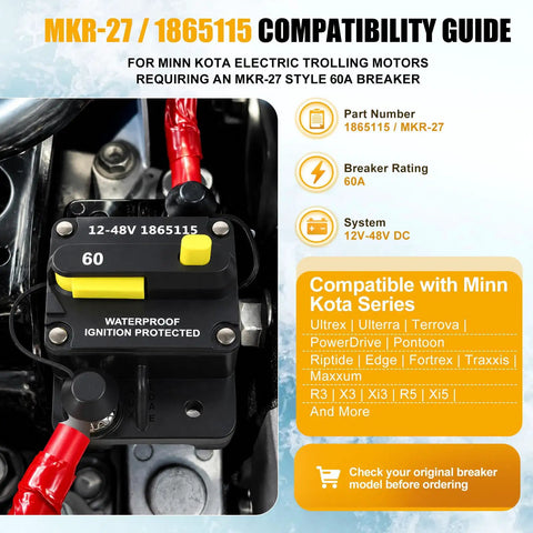 Slick 60 Amp Marine Circuit Breaker Replacement with waterproof housing for Minn Kota trolling motors, 12-48V DC.