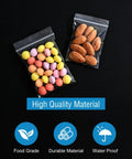 500 Pack Small Clear Resealable Plastic Bags With Four Size Options For Jewelry Candy Pills And More, Durable Reusable Poly Bags showing colorful candies and almonds