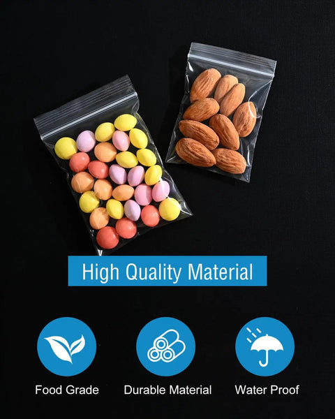 500 Pack Small Clear Resealable Plastic Bags With Four Size Options For Jewelry Candy Pills And More, Durable Reusable Poly Bags showing colorful candies and almonds