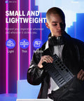 Person holding Compact USB C MIDI Keyboard Controller With 25 Keys And 8 Drum Pads, OLED Display in front of neon lights
