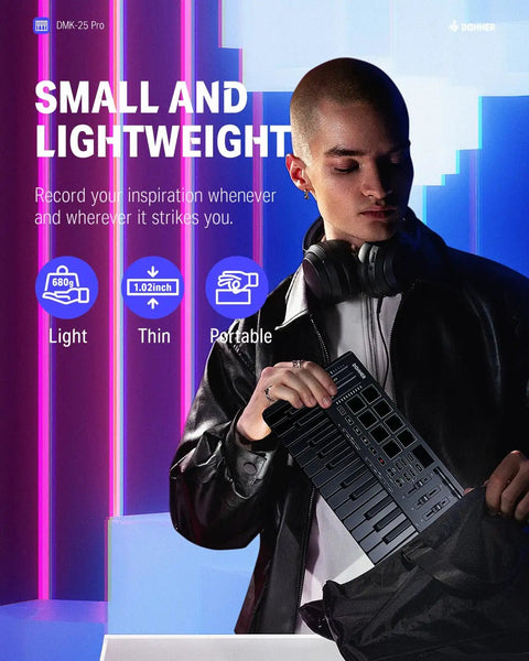 Person holding Compact USB C MIDI Keyboard Controller With 25 Keys And 8 Drum Pads, OLED Display in front of neon lights