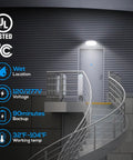 LED Emergency Light With Battery Backup, Wet Location Ready, UL Listed, illuminating a stairwell, commercial setting, white finish.