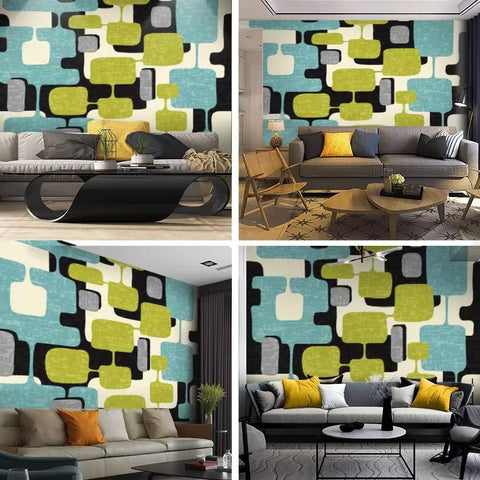 Abstract Mid Century Modern Pattern Canvas Print Wallpaper Self Adhesive Peel And Stick Wall Mural Six Panel Design in living room