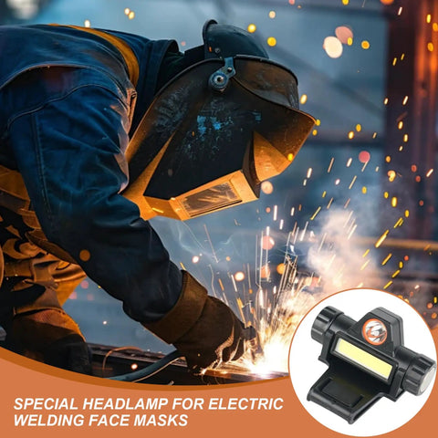 Welder using Two Pack Welding Light With Dual Rotatable Lamps, Magnetic Clamp Helmet Headlamp in dark workshop scene.