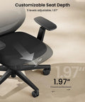 Close-up of EC200 ergonomic office chair adjustable seat depth mechanism, showing sliding range of 1.97 inches for comfort.