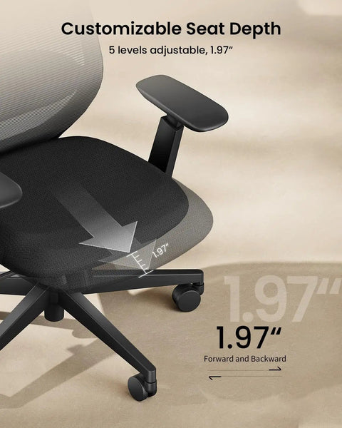 Close-up of EC200 ergonomic office chair adjustable seat depth mechanism, showing sliding range of 1.97 inches for comfort.
