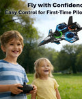 Children flying F47 RC Fighter Drone For Kids outdoors, showing remote control and LED lights in action.