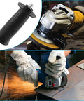 Two Pack 8mm Thread Angle Grinder Side Handle Replacement, Plastic Sander Grip, shown with grinder in use, sparks flying