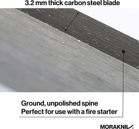 Close-up view of 3.2 mm thick carbon steel blade showing unpolished spine, part of the Carbon Steel Fixed Blade Bushcraft Knife With Sheath.
