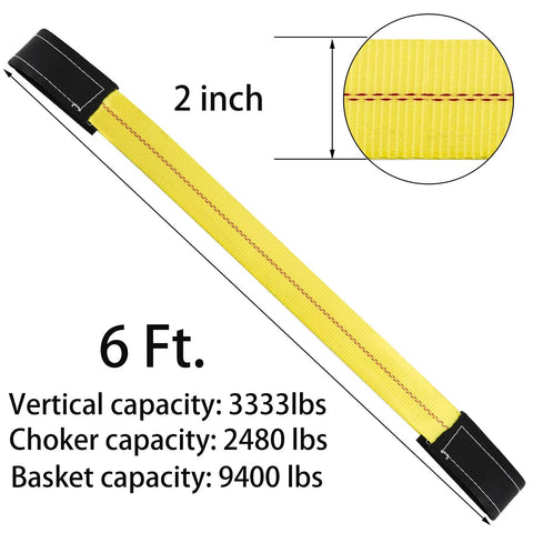 Yellow nylon lifting strap, 6 ft by 2 in, angled side view with red center stitch and black loop ends.