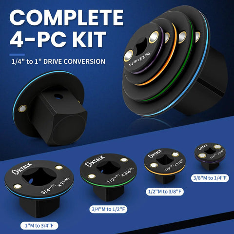 Upgraded Low Profile Impact Socket Adapter Set Four Piece Stubby Drive Kit For Tight Spaces displayed in a complete 4-PC kit