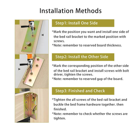 Installation methods for Heavy Duty Bed Rail Brackets Set Of Four Gold Anti Rust Steel Frame hardware with detailed steps.