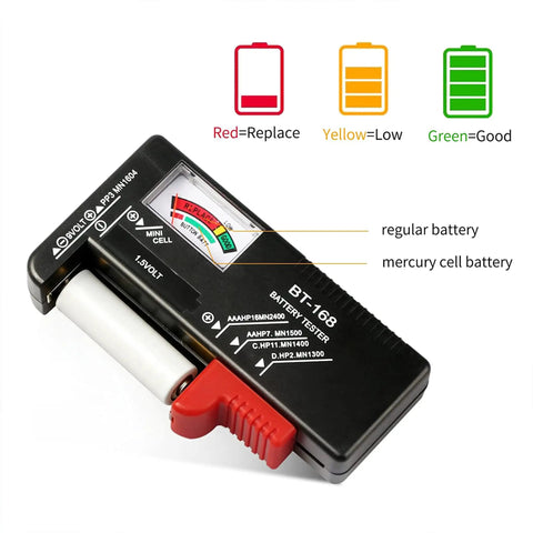 Handy Universal Battery Tester BT 168 Checker For AA AAA C D 9V And Button Cells No Battery Needed To Run Portable Pocket Power Meter For Home Office And Workshop Quick Battery Health Readouts, black plastic