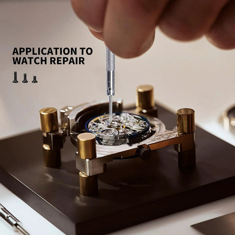 M1.2 M1.4 M2 Laptop Screws Small Micro Tiny Fasteners For Electronics Computer Repairs Glasses Watch Ssd Hard Drive Hardware Black Carbon Steel Countersunk Flat Head Cross Drive Kit being used for watch repair with screwdriver.