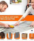 Slick Cordless Electric Fabric Scissors And Heavy Duty Cardboard Cutter cutting textured fabric with ease during a DIY project.