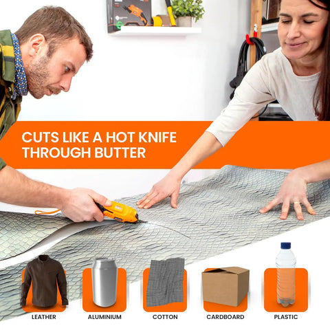 Slick Cordless Electric Fabric Scissors And Heavy Duty Cardboard Cutter cutting textured fabric with ease during a DIY project.