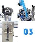 Heavy Duty Automatic Round Bottle Labeling Machine With Conveyor Desktop Applicator High Speed Labeler close-up of controls and rollers.