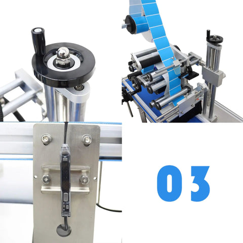 Heavy Duty Automatic Round Bottle Labeling Machine With Conveyor Desktop Applicator High Speed Labeler close-up of controls and rollers.
