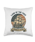 Patriotic Sailboat Throw Pillow With USA Flag Design for 4th of July and Everyday Patriot Decor; retro ship design, Land of the Free