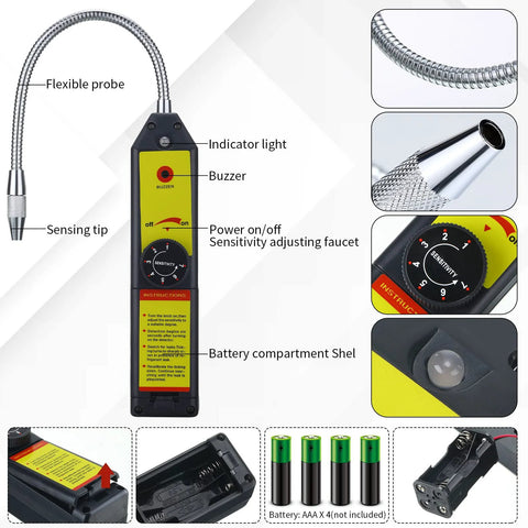 Front view of Tallew refrigerant leak detector with flexible metal probe, yellow control panel, buzzer and sensitivity dial
