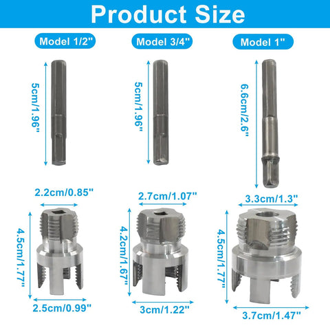 Seimneire 3 Pack Pipe Threading Kit For 1, 3/4 And 1/2 Inch Pipes showing size details of models 1/2, 3/4, and 1 inch cutters.