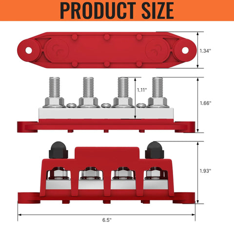 Badass 400A Bus Bar With 12V Power Distribution Block dimensions showing heavy duty copper material and stainless steel studs.