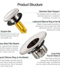 Tough As Nails Pop Up Tub Stopper With Integrated Hair Catcher And Fine Mesh Strainer showcasing stainless steel cover and brass support.