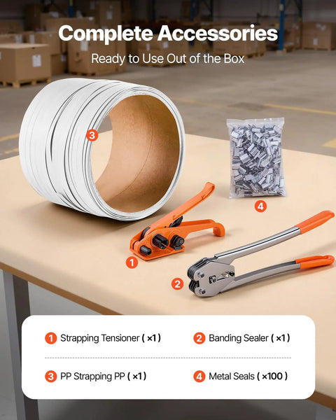 Pro Grade Heavy Duty Manual Banding Strapping Kit With Sealer Tool And 330 Ft PP Band 100 Metal Seals Plastic Pallet Strapping Set For Warehouse Shipping Moving And Home Use with tensioner, sealer, PP strap, and metal seals