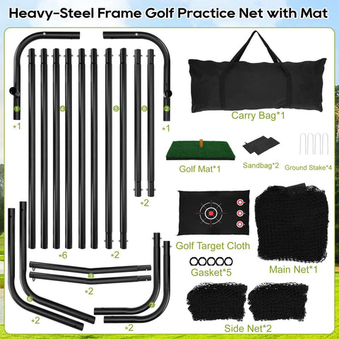 Components of 10x7ft Golf Hitting Practice Net for Real Golf Balls, steel frame parts, carry bag, mat, and mesh nets shown