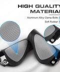 Close-up of Comfy Bike Handlebar Grips With Wrist Protection, Soft Rubber Texture, Non Slip Feel, Aluminum Clamp Bolts, Gray and Black