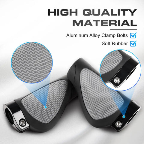 Close-up of Comfy Bike Handlebar Grips With Wrist Protection, Soft Rubber Texture, Non Slip Feel, Aluminum Clamp Bolts, Gray and Black