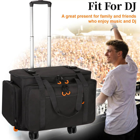 Rolling DJ Cable Bag With Laptop Pocket And Microphone Pocket Gear Case with wheels and retractable handle at a DJ event.