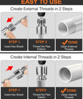 Image showing steps to use Heavy Duty 3PCS Carbon Steel Pipe Threading Tool Kit for 1/2 3/4 and 1 Inch PVC pipes.