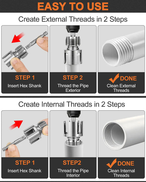 Image showing steps to use Heavy Duty 3PCS Carbon Steel Pipe Threading Tool Kit for 1/2 3/4 and 1 Inch PVC pipes.