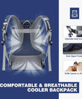 Back view of blue 35 Can Leakproof Insulated Cooler Backpack For Beach Camping Kayaking And Hiking with straps and features detail.