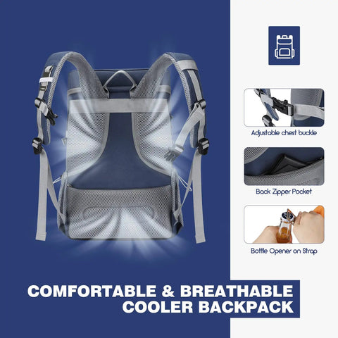 Back view of blue 35 Can Leakproof Insulated Cooler Backpack For Beach Camping Kayaking And Hiking with straps and features detail.