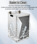 Heavy Duty Stainless Steel Food Dehydrator For Fruits Veggies And Meats With Killer 360 Airflow Plus Straight Up Temp Control and massive trays viewed from side angle with clean design.