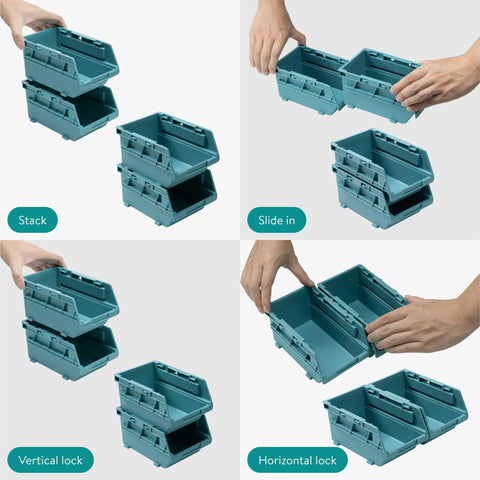 Interlocking Plastic Storage Bins Set With Wall Mounted Rails for screws, nails small tool parts shown being stacked and connected